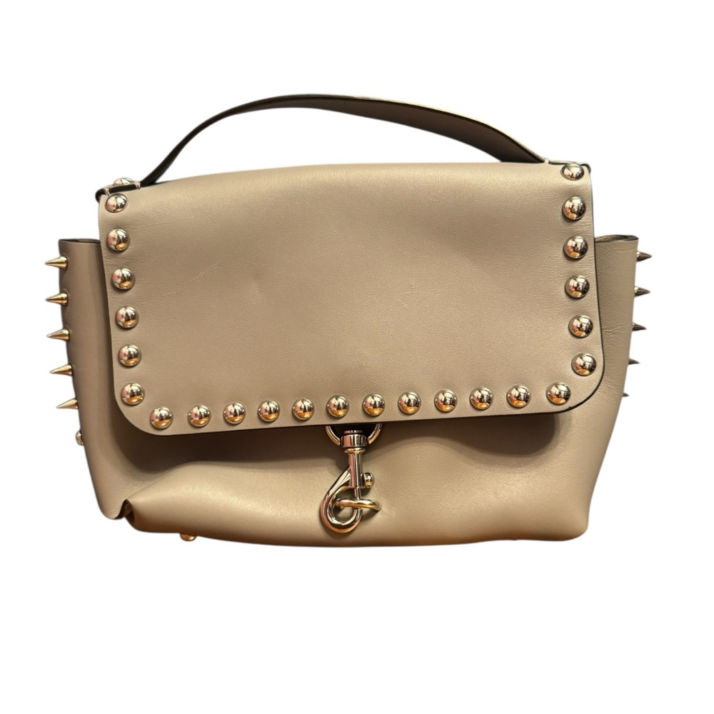 Rebecca Minkoff Gray Leather Studded Spike Flap Handbag Hand Bag Chic Unique